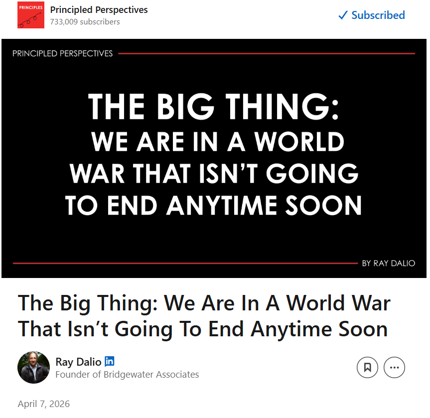 Ajay_Bagga's tweet photo. Ray Dalio has laid out a sobering forecast.

The grim reality is that even if a ceasefire deal holds in Iran — a big “if” — peace looks elusive. 

“Because most people tend to have this short-term perspective, they now expect, and the markets are pricing in, that this war won’t last long and that when it ends we will get back to ‘normal’,” writes Ray Dalio, founder of the Bridgewater hedge fund.

 “[But] we are in the early stages of a world war that isn’t going to end anytime soon.”