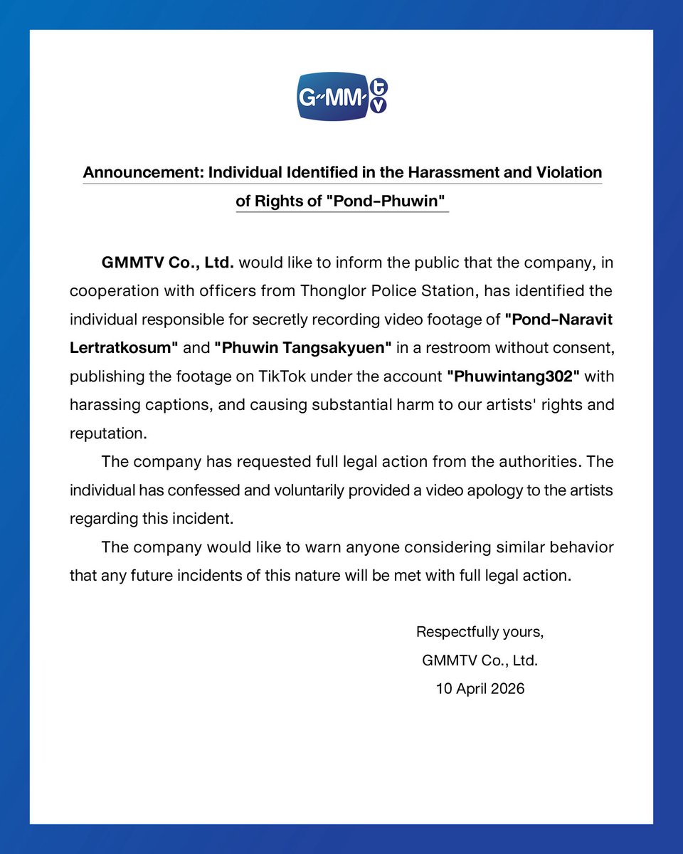 BoysLoveHubENG's tweet image. GMMTV stated that it has taken legal action against the person who stalked and filmed #PondPhuwin without consent in a bathroom.

The harasser recorded a video admitting to the incident and apologizing, but, even so, has not removed the content.