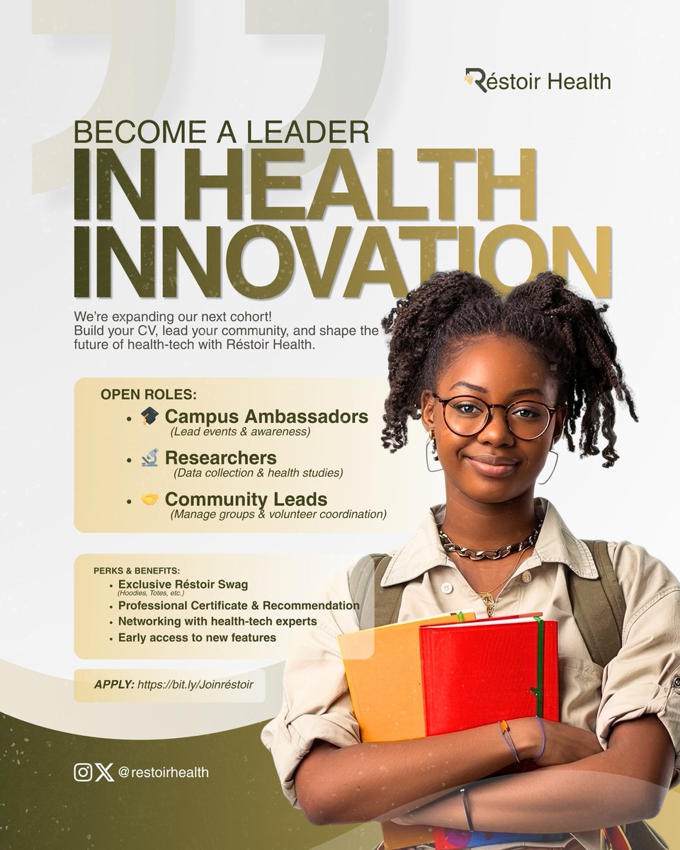 RestoirHealth's tweet photo. Proud to announce that @restoirhealth we are officially recruiting our 2026 Founding Cohort at LASU &amp; UNILAG. 🚀
We’re looking for the next generation of Health-Tech leaders.
If this is you then take the opportunity! https://t.co/gtb4O9MtAX