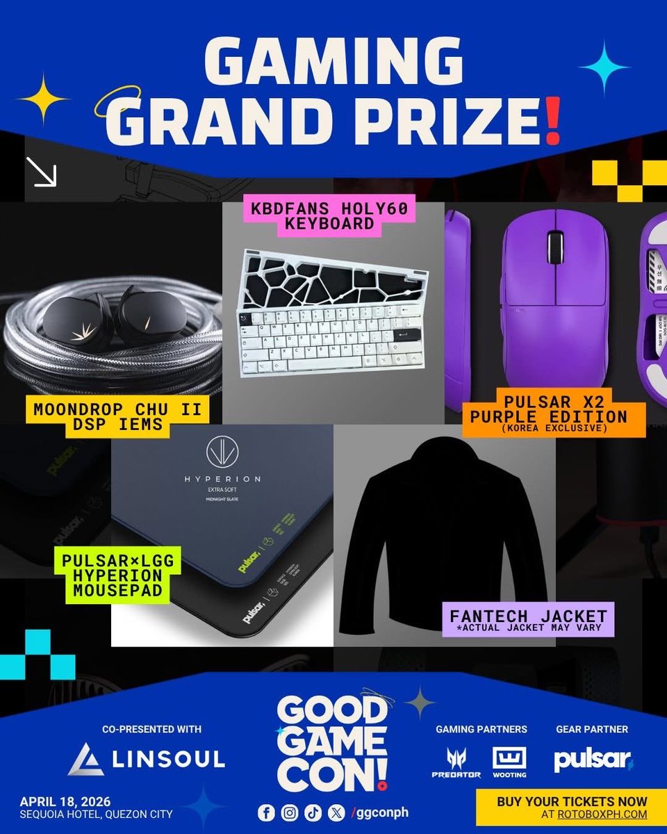 GGConPH's tweet photo. 🚨 PRIZE REVEAL ALERT 🚨

Good Game Con! is bringing THREE grand prize bundles! EACH category has only ONE winner who takes everything home 🔥

📅 April 18. Sequoia Hotel, Quezon City

#ggconph #ggcon2026 #giveaway #anime #gaminggear #pulsar #fantech #kbdfans #fatfreq #divinus https://t.co/d38wYc5FpG