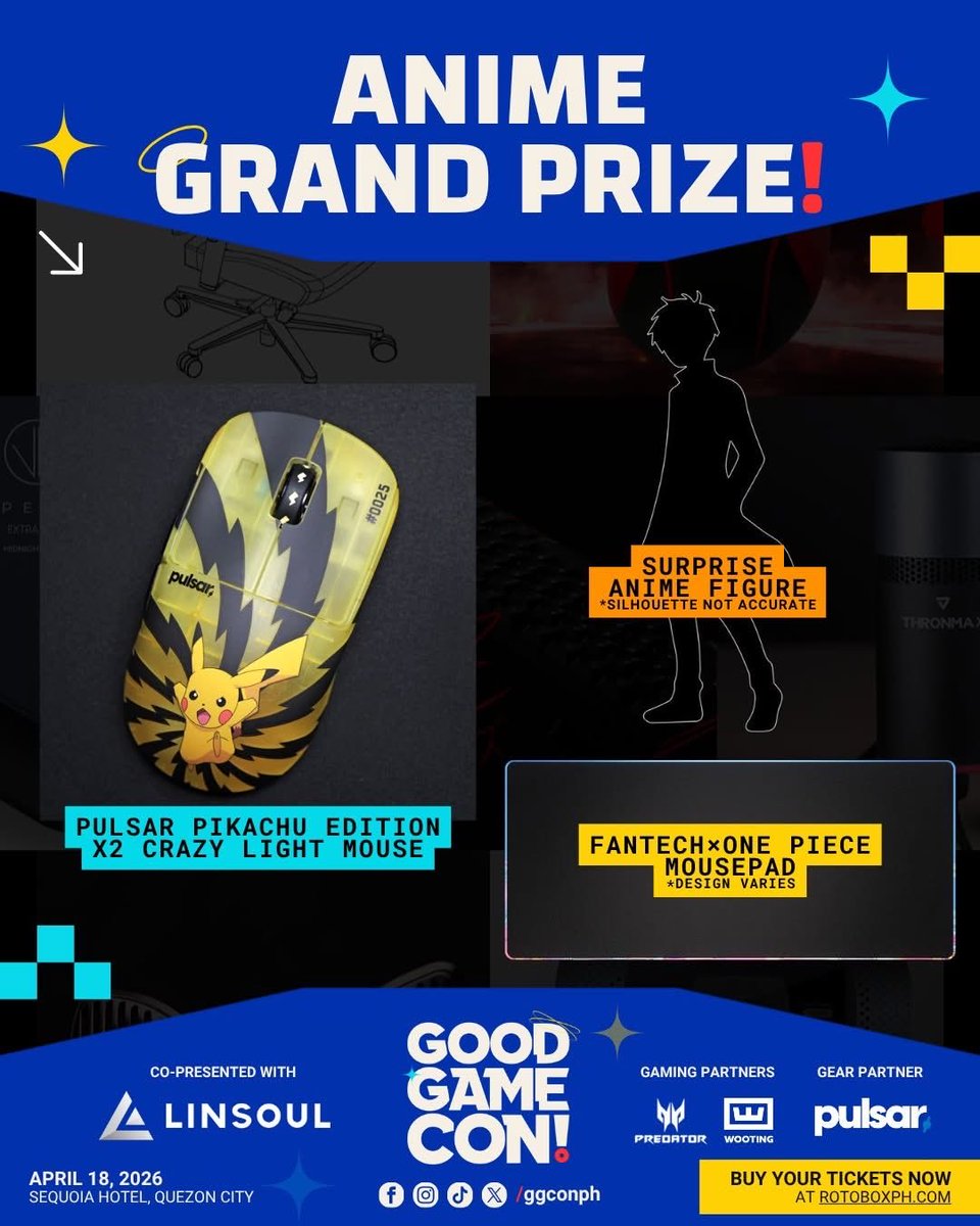 GGConPH's tweet photo. 🚨 PRIZE REVEAL ALERT 🚨

Good Game Con! is bringing THREE grand prize bundles! EACH category has only ONE winner who takes everything home 🔥

📅 April 18. Sequoia Hotel, Quezon City

#ggconph #ggcon2026 #giveaway #anime #gaminggear #pulsar #fantech #kbdfans #fatfreq #divinus https://t.co/d38wYc5FpG