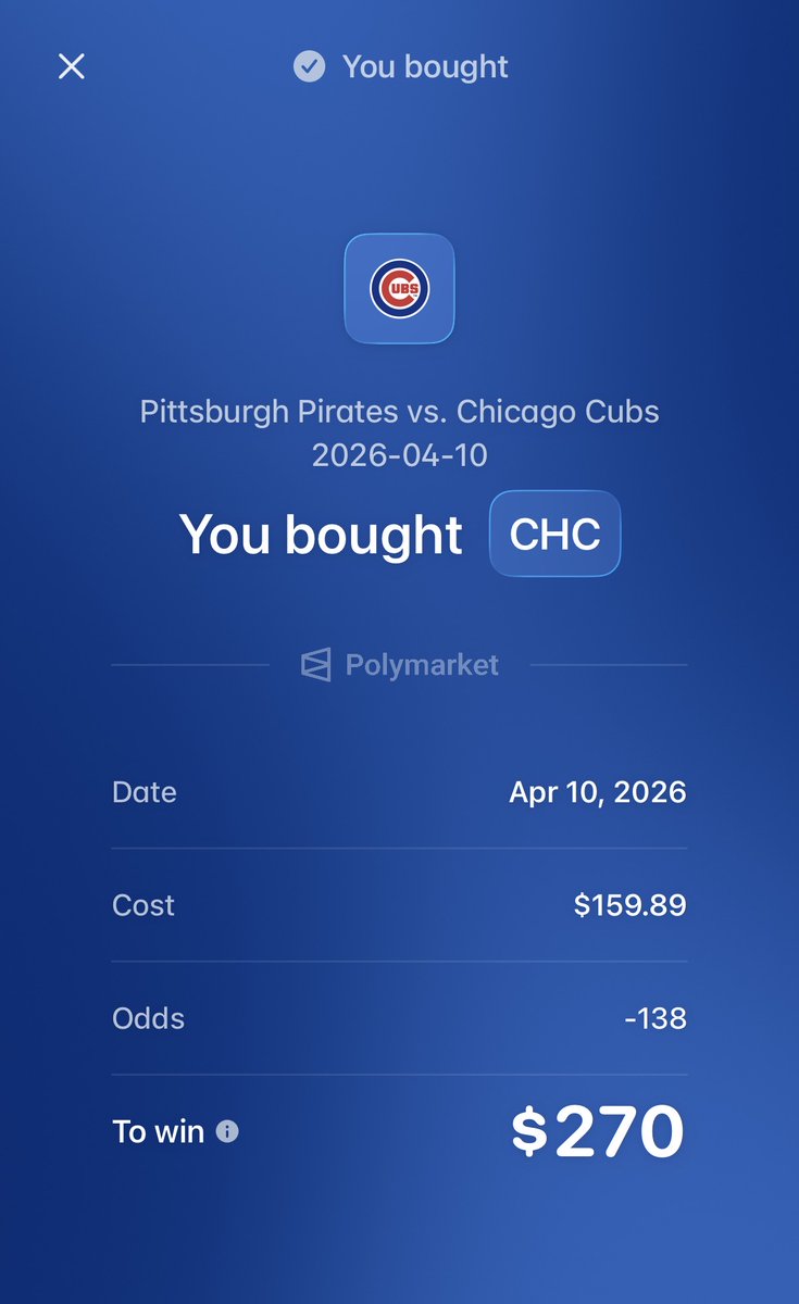 Professor_Wedge's tweet photo. 🪜 DAY 2 LADDER CHALLENGE 🪜
$100 ➡️ $1,000 💰 @Polymarket

2️⃣ Chicago Cubs (-138) 🐻

🔥 Step 1:🪜$100 ➡️ $160 🪜✅
🔥 Step 2:🪜$160 ➡️ $270 🪜⏳

𝗟𝗶𝗸𝗲 ❤️ = 𝗧𝗮𝗶𝗹𝗶𝗻𝗴 𝗣𝗿𝗼𝗳𝗲𝘀𝘀𝗼𝗿 𝗪𝗲𝗱𝗴𝗲 🧪 https://t.co/ThyH9fY16I