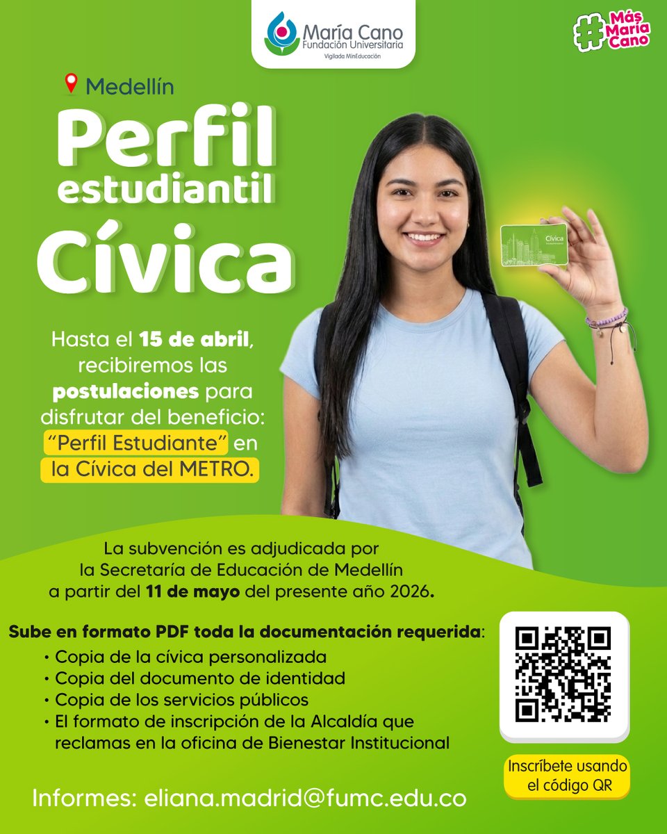 Si estás en Medellín y te movilizas en <a href="/metrodemedellin/">Metro de Medellín 💚 #ALoMetro</a> te invitamos a que postules para el perfil de Cívica estudiantil, inscríbete y adjunta los documentos relacionados.
Si tienes alguna inquietud puedes comunicarte con el correo: eliana.madrid@fumc.edu.co