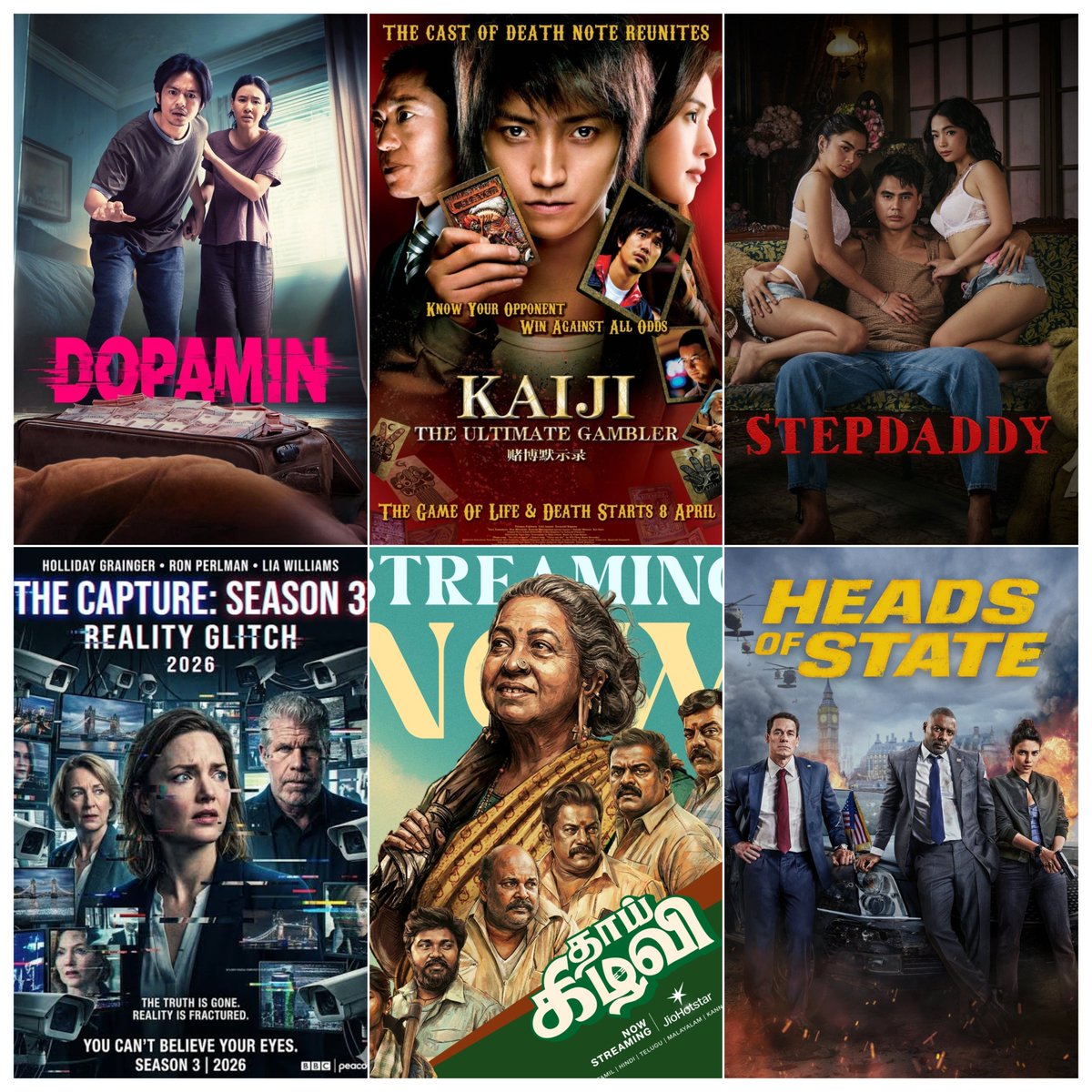 rajmohan2blue's tweet image. My Weekend Watchlist 🤘 

#ThaaiKizhavi #HeadsOfState #Stepdaddy #Dopamine #KaijiTheUltimateGambler #TheCapture S3