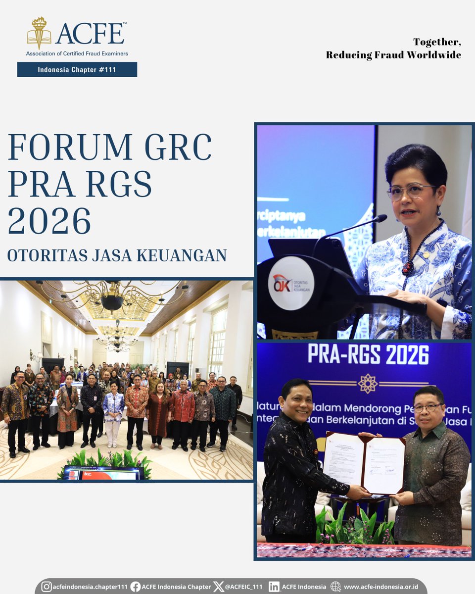 ACFEIC_111's tweet photo. "Keberlanjutan yang optimal tidak dapat dilepaskan dari integritas yang kuat."

Hal ini menjadi salah satu refleksi dari diskusi dalam forum GRC Pra RGS 2026 bersama Otoritas Jasa Keuangan, pada Selasa (07/04) di Gedung AA Maramis, Lapangan Banteng, Jakarta. https://t.co/T3sCFYa4j8