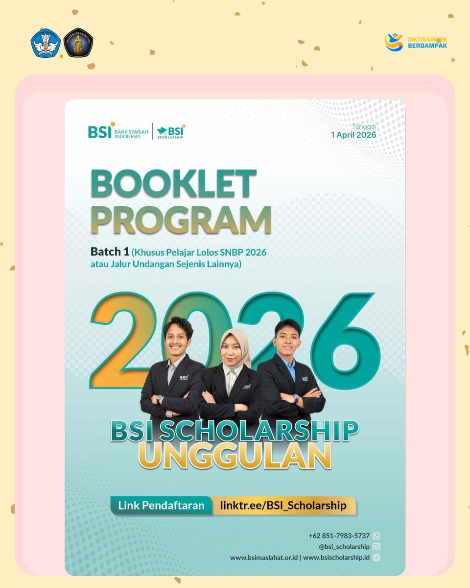 FIBUB_OFFICIAL's tweet image. [BSI Scholarship Unggulan 2026 Batch 1]

Salam Budaya!

Hai #FIBers

Universitas Brawijaya menginformasikan pendaftaran BSI Scholarship Unggulan 2026 Batch 1.

Beasiswa ini ditujukan bagi mahasiswa baru semester satu jalur undangan (SNBP) dari keluarga tidak mampu serta tidak