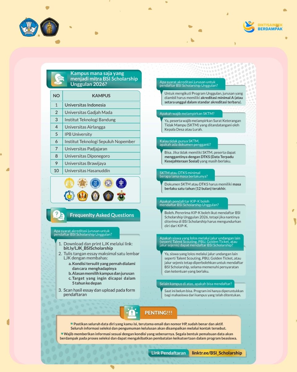 FIBUB_OFFICIAL's tweet image. [BSI Scholarship Unggulan 2026 Batch 1]

Salam Budaya!

Hai #FIBers

Universitas Brawijaya menginformasikan pendaftaran BSI Scholarship Unggulan 2026 Batch 1.

Beasiswa ini ditujukan bagi mahasiswa baru semester satu jalur undangan (SNBP) dari keluarga tidak mampu serta tidak