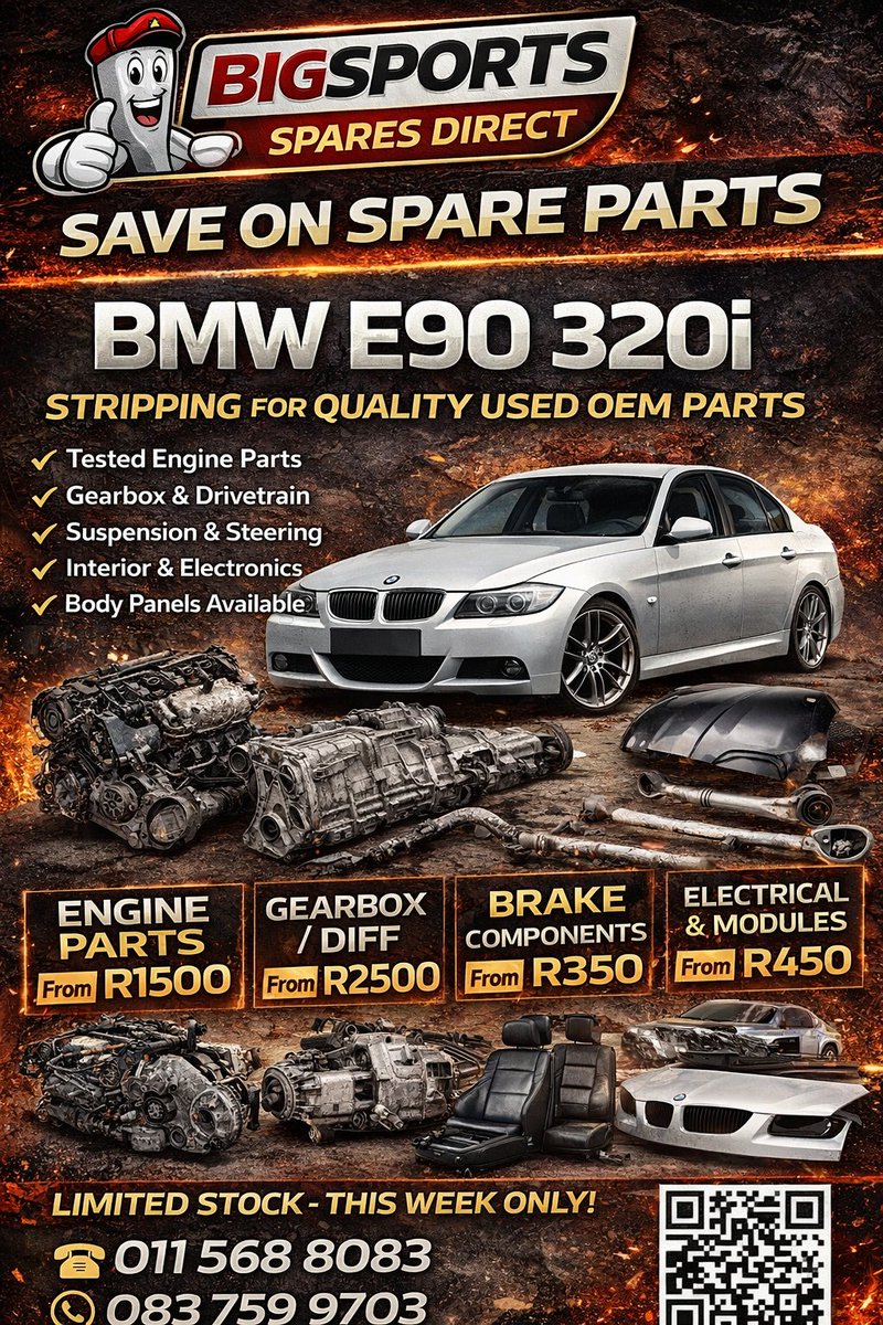 MrBigSportsSD's tweet image. BMW E90 parts available 🔥
OEM + tested used spares
Engines | Gearboxes | Suspension | Brakes

📍 Joburg
📲 083 759 9703
No delays. No nonsense. Just parts that move.
#BMWE90 #CarParts #MechanicLife #BigSportsSpares