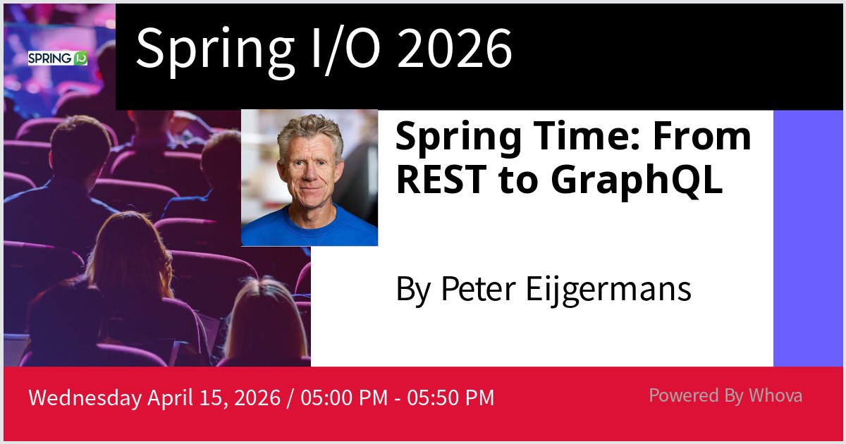 EijgermansPeter's tweet photo. I will give a talk at Spring I/O 2026 on Spring Time: From REST to GraphQL. Hoping for a great turnout! #springio26 - via #Whova event app https://t.co/b21RNUmYHj
