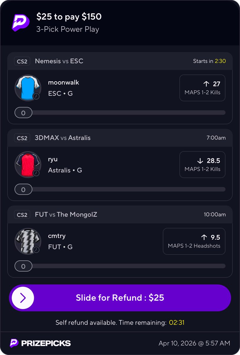 FitzDFS's tweet image. Morning gang! Moonwalk is about to start

I realized I fell asleep last night so here’s a slip for yall to enjoy this morning

Goodluck 🤝

#CS2 #Esports #PrizePicks