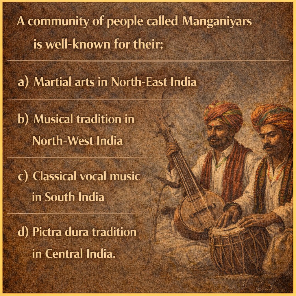 cematerial's tweet image. UPSC PRELIMS 2026 Quiz🔔:

A community of people called Manganiyars is well-known for their:

#UPSC #CSAT #Generalstudies #UPSCPrelims2026 #RRB #BPSC #SSC