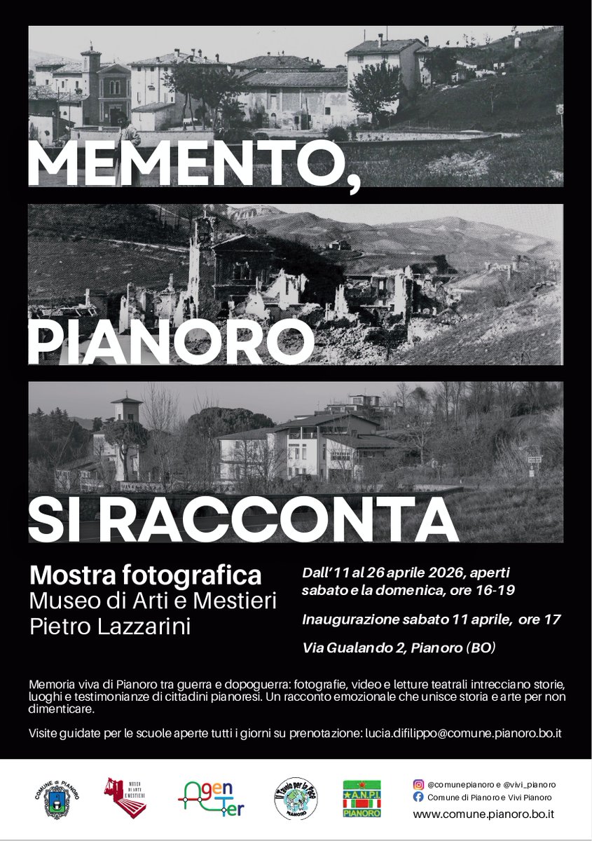 𝐌𝐄𝐌𝐄𝐍𝐓𝐎, 𝐏𝐈𝐀𝐍𝐎𝐑𝐎 𝐒𝐈 𝐑𝐀𝐂𝐂𝐎𝐍𝐓𝐀

 📍 Dove: Museo di Arti e Mestieri “Pietro Lazzarini”, via del Gualando 2, Pianoro (BO)
🗓 Inaugurazione: Sabato 11 aprile 2026, ore 17
🕒 Apertura: Tutti i sabati e le domeniche fino al 26 aprile (dalle 16 alle 19)
