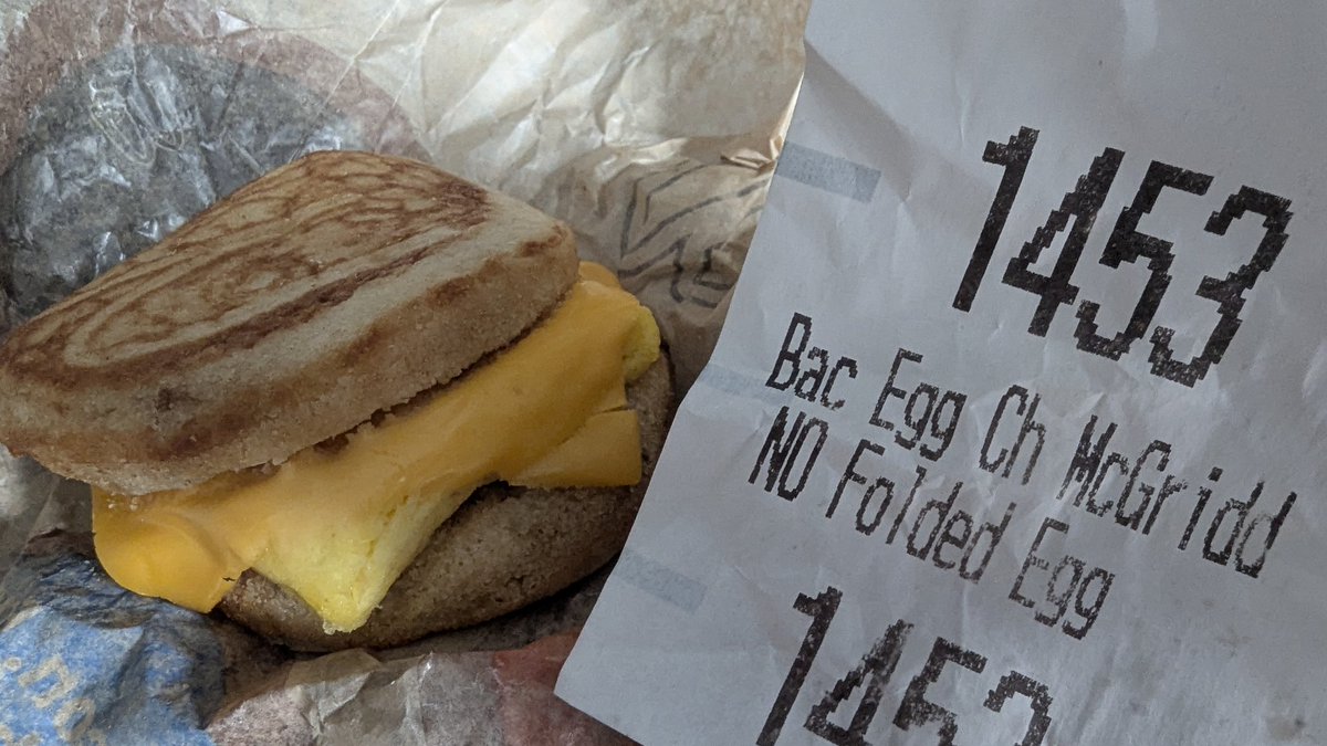 DaveyT's tweet image. What was this @McDonalds ? Specifically ordered no Folded Egg, but instead they gave me no Bacon. I thought this request would be easy enough for someone to understand. Got home and too far to go back. #neveragain #incompetent