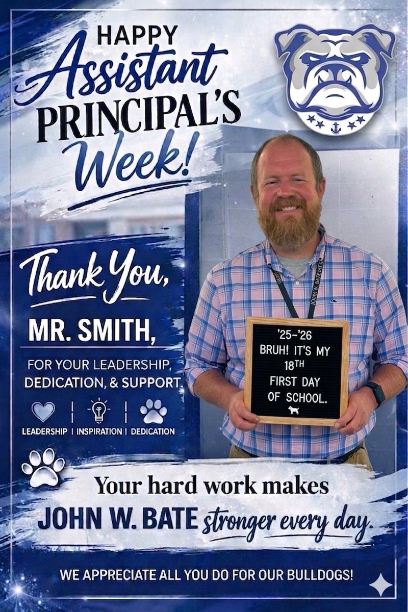 BateMiddle's tweet photo. Happy Assistant Principals Week to the one who helps keep our school running strong, Mr. Smith!

Your leadership, dedication, and constant support make a difference in the lives of our students and staff every single day…… https://t.co/FtwNHHwwjg
