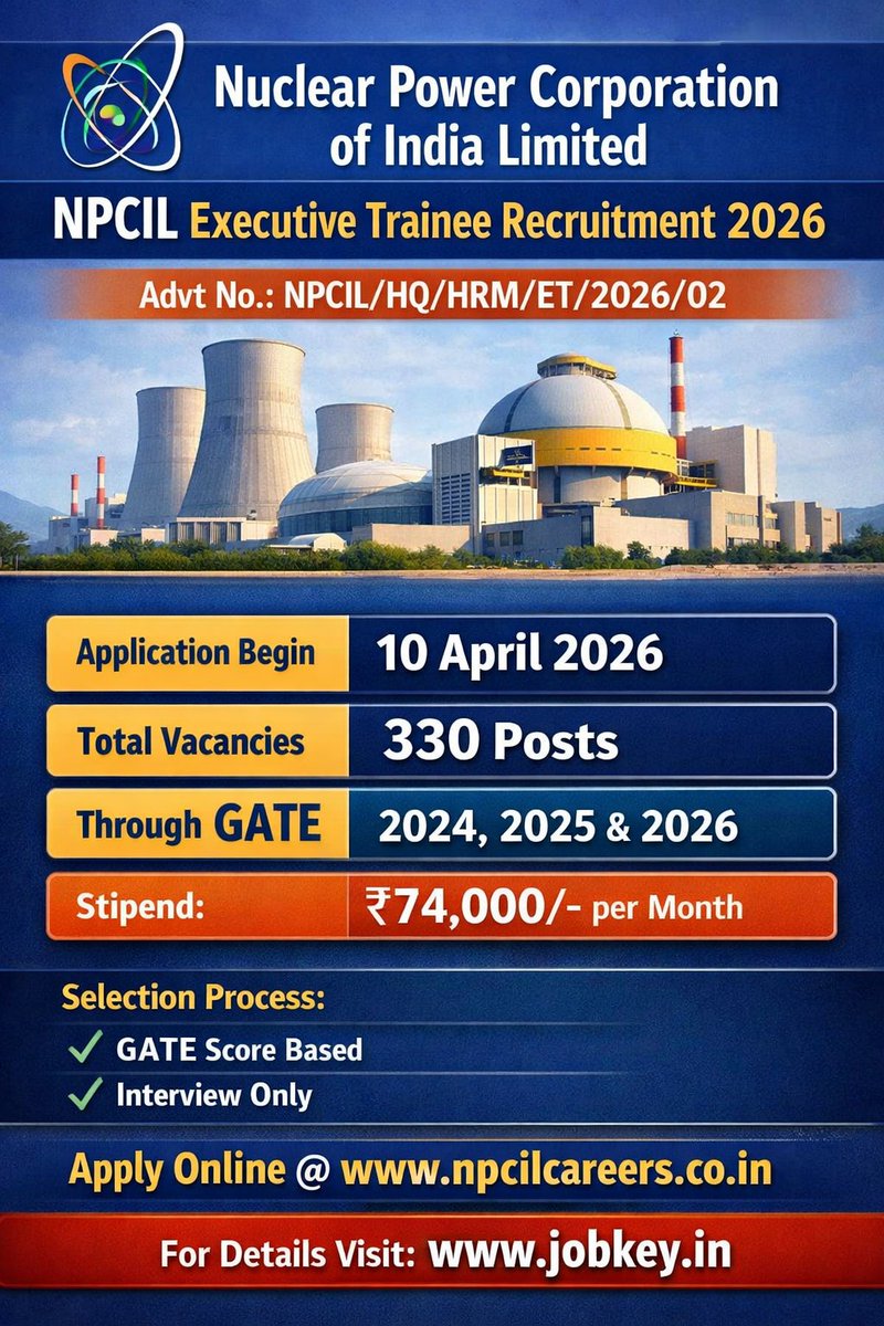 Jobkeyofficial's tweet image. jobkey- NPCIL Executive Trainee Recruitment 2026 Online Form.

#jobkey #npcil #jobs #ExamSuccess #Exams #ExamPass #naukari #govtjobs #recruitment