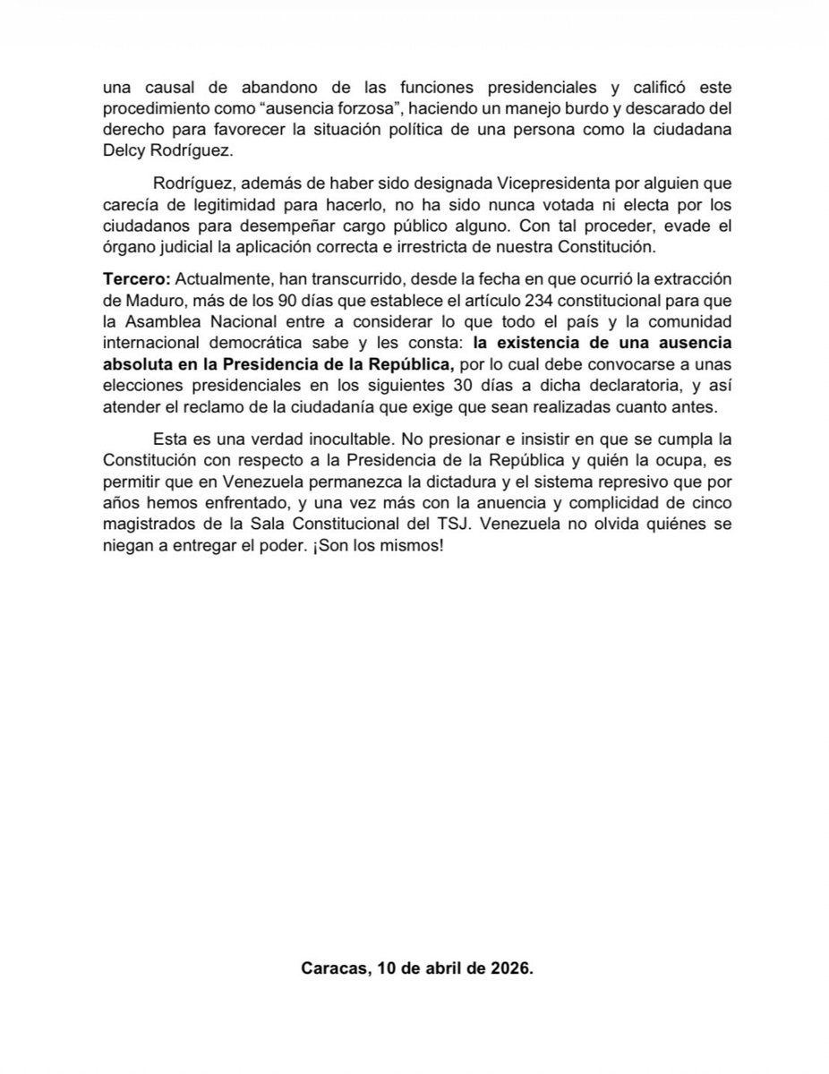 🚨Última hora: Vente Venezuela, partido de la líder María Corina Machado, sobre la ausencia absoluta en la Presidencia de la República: