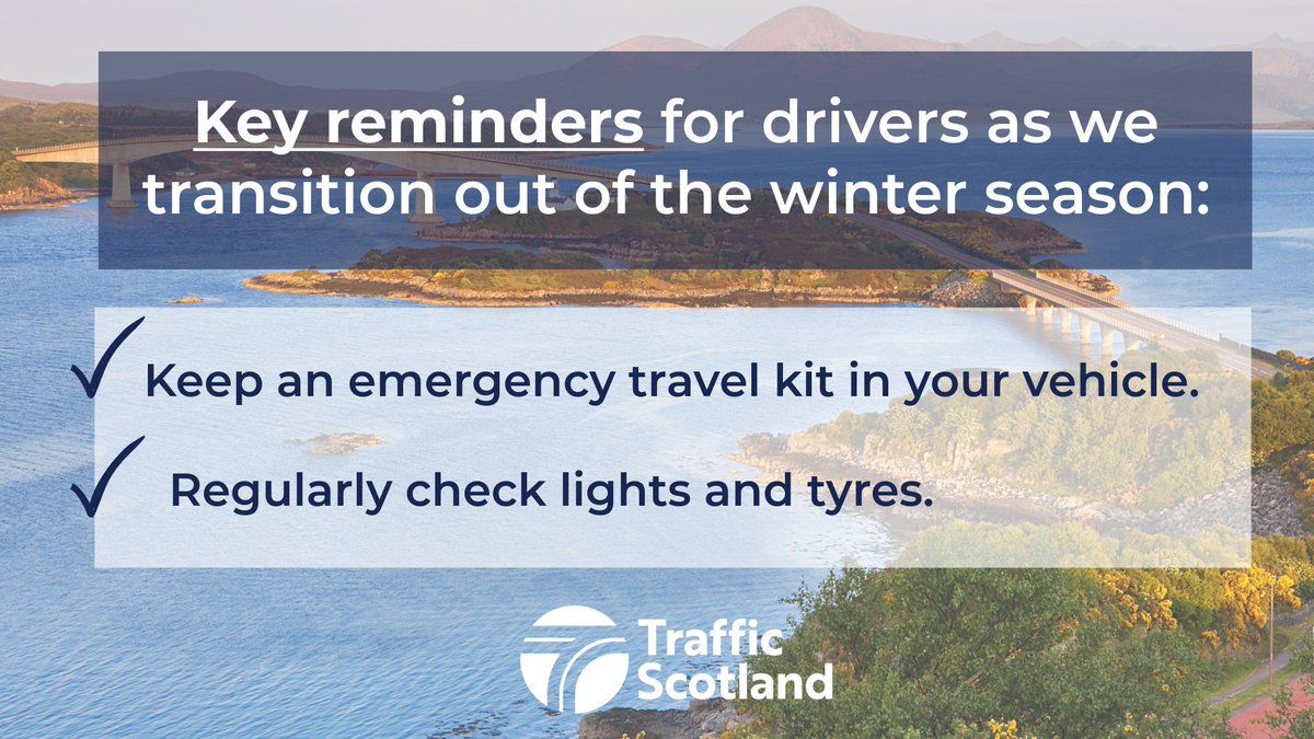 trafficscotland's tweet image. As we move out of winter, it’s the perfect time to give your vehicle a quick safety check 🚗

#BePrepared by:

🔹 Keeping an emergency travel kit in your car
🔹 Regularly checking lights and tyres

More handy tips here: bit.ly/3FJtvRK
