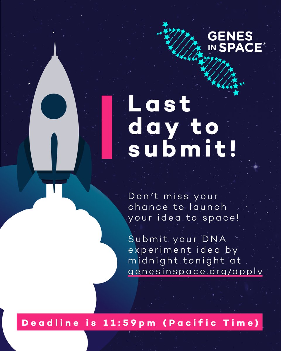 genesinspace's tweet photo. DON'T MISS OUT! Students, submit your out-of-this-world space biology idea to our website by midnight tonight for the chance to have your experiment sent to space and performed by astronauts! 🚀🌟🧬  
https://t.co/ltEsu3llMF https://t.co/b9bvBFyjgj