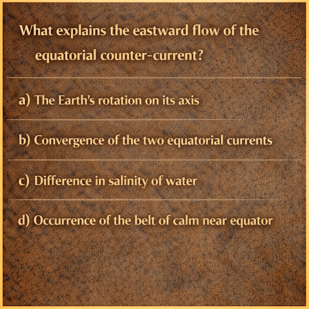 cematerial's tweet image. UPSC PRELIMS 2026 Quiz🔔:

What explains the eastward flow of the equatorial counter-current?

#UPSC #CSAT #Generalstudies #UPSCPrelims2026 #RRB #BPSC #SSC