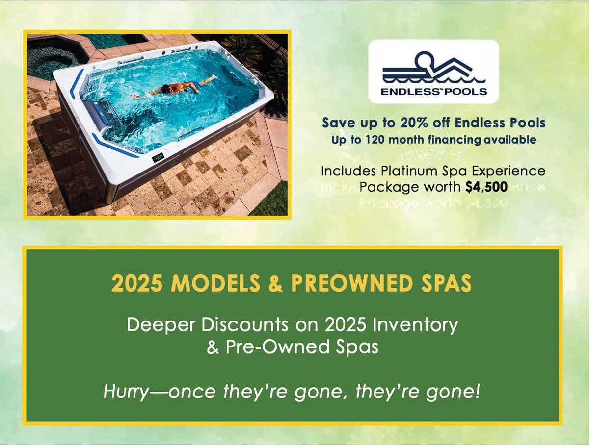 Hot tubs &amp; Swim spas at unbeatable Preseason prices—this is your chance to save big before the season heats up 💦

Stop by, find your perfect spa, and make this your most relaxing summer yet!