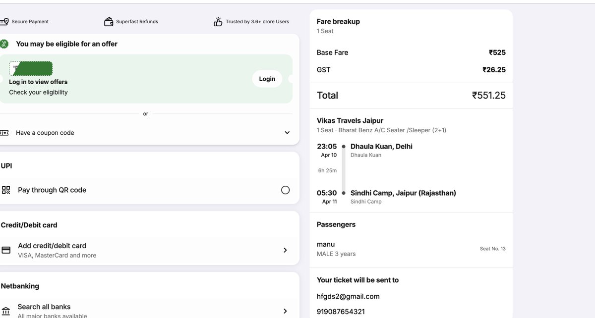 Winchoudharyy's tweet image. Hey @redBus_in @MakeMyTrip,
There’s a concerning issue on your platform:
A 3 -year-old can be booked as a solo passenger, despite policy stating children above 5yrs require tickets.This mismatch can lead to real safety and boarding issues .If you reward bug findings😁
#UserSafety