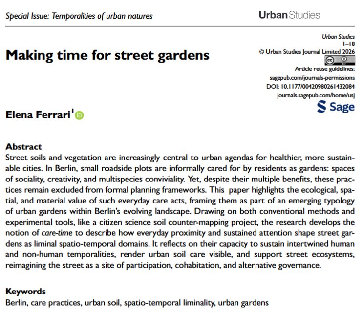 USJ_online's tweet image. 🏙️ NEW in our Special Issue "Temporalities of Urban Natures"

✍️ @elli_ferrari develops the notion of care-time to describe how everyday #proximity and sustained #attention shape #streetgardens as liminal spatio-temporal domains.

📖 buff.ly/mvjs32a