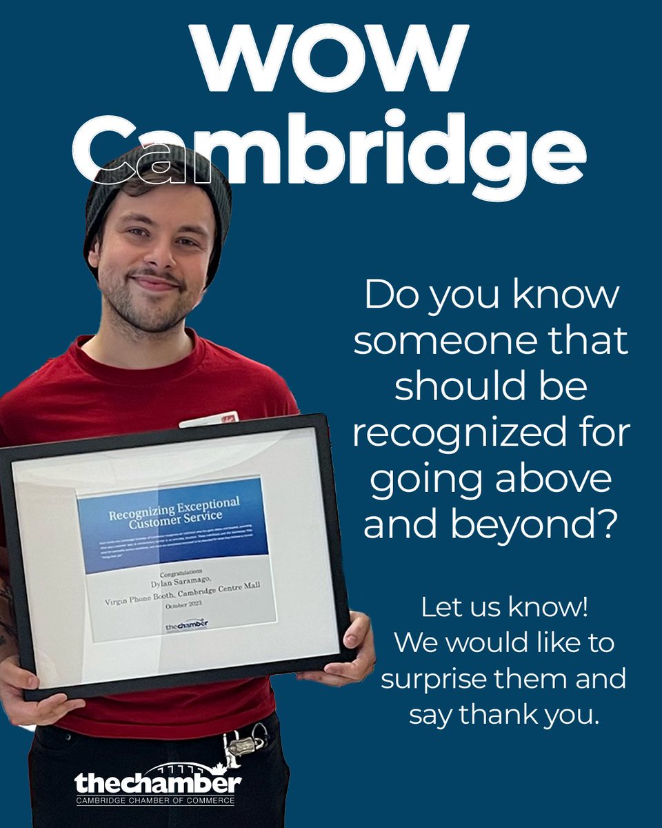 My_Chamber's tweet image. If your business &amp;amp; staff provide top-notch service, you should be a WoWCambridge winner. Fill out the nomination form at ow.ly/b9Lp50Bz5p7 outlining examples of your great service &amp;amp; we may be visiting you soon!! #smallbusiness #customerservice #businesssupport #cbridge