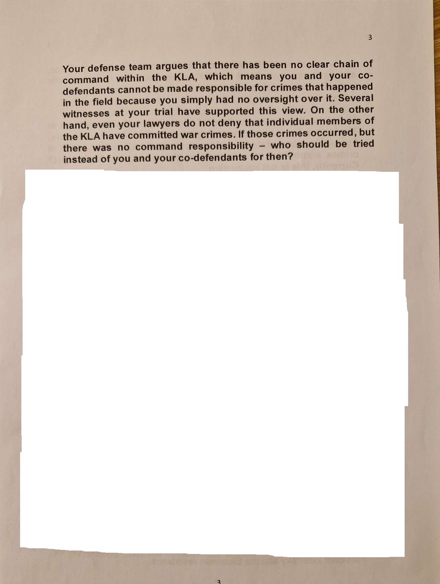 Several witnesses supported this view. But even Mr. Thaçi’s lawyers do not deny that individual UÇK-members did commit war crimes. So I wanted to know from Mr. Thaçi: If those crimes occurred, but there is no command responsibility – who should be tried for them?