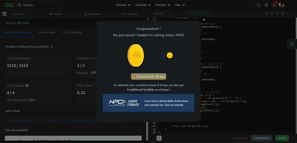 krishgtr214's tweet photo. Day48/60                                    
Solved today’s #ProblemOfTheDay –  Sorted subsequence of size 3
@geeksforgeeks
and earned my 88 + 8 = 96th  Geekbit! 
ID - krishgzzfn

@NPCI_NPCI
The journey of solving the problem statement has been great.     
#geekstreak60 #npci https://t.co/3mngpDeZ1o
