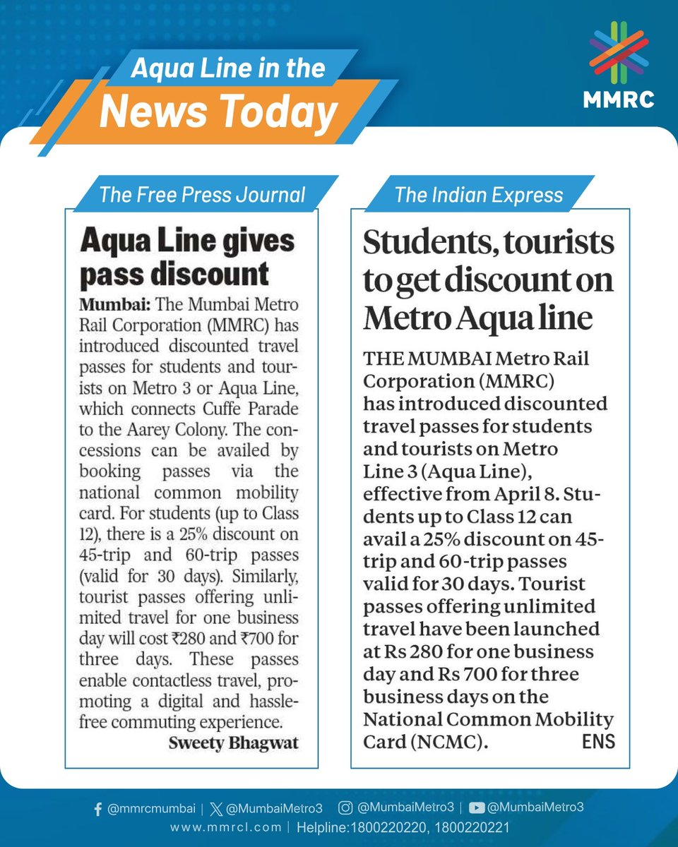 MumbaiMetro3's tweet image. #AquaLine in the spotlight! 📰

Discount passes make your commute smarter &amp;amp; more affordable.

अ‍ॅक्वा लाईन वर सवलतीचे पास – अधिक बचत, अधिक सोय. वृत्तपत्रांनी घेतली दखल 

#MumbaiMetro #DiscountPasses #ConnectingTheUnconnected