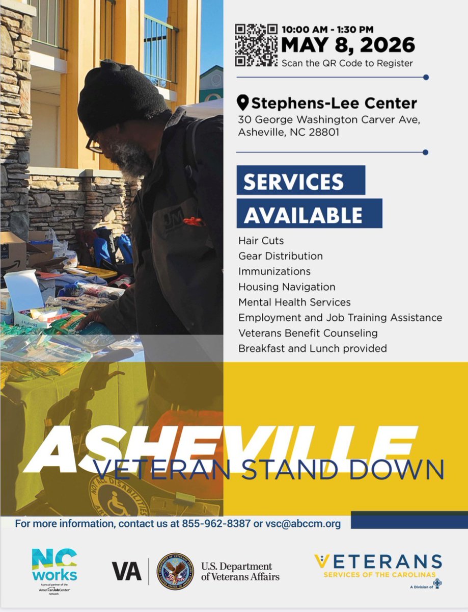 ncworkforce's tweet image. Our #NCWorks #Veterans Services team is proud to support the Asheville Veteran Stand Down, coming up on Friday, May 8, 2026, 10 AM – 1:30 PM, at 30 George Washington Carver Ave., Asheville, NC.  For more information, call 855-962-8387 or email vsc@abccm.org.