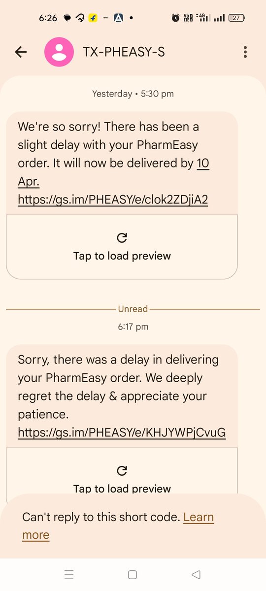 digunath's tweet photo. @pharmeasyapp Pharmeasy lost trust, continuous delay in delivery. Wrong proposed delivery date shown in product page and cart. After placing the order, they keep messaging and calling to inform that your order will be delayed. https://t.co/JuGTikP9XM