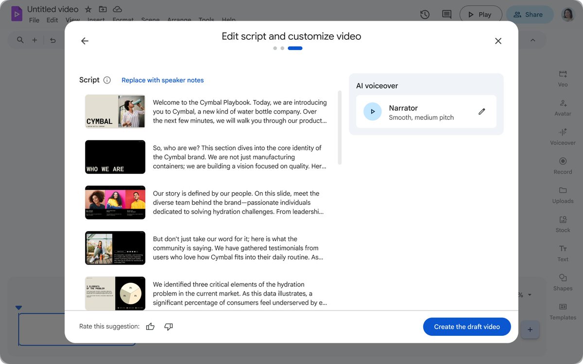 You’ll soon be able to ✅ review and 📝 edit the 📜 AI-generated script before a 🖼️ #GoogleSlides presentation is imported into 📹 #GoogleVids. This minimises the back-and-forth ✏️ editing needed once the video is created.

Rolling out now. Learn more: workspaceupdates.googleblog.com/2026/04/edit-y…