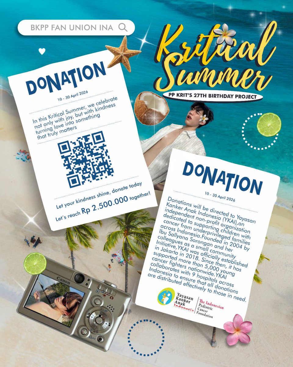 PP KRIT's BIRTHDAY DONATION PROJECT 🌊

Donation will be distributed to Yayasan Kanker Anak Indonesia (YKAI) 💫

📎 Form Donasi : bit.ly/KRITicalSummer…

For inquiries, DM us!

#PPKritt
#LovelyPP
#KRITicalSummer
#ProjectandGiveawaywithLoveforPPKrit27BD