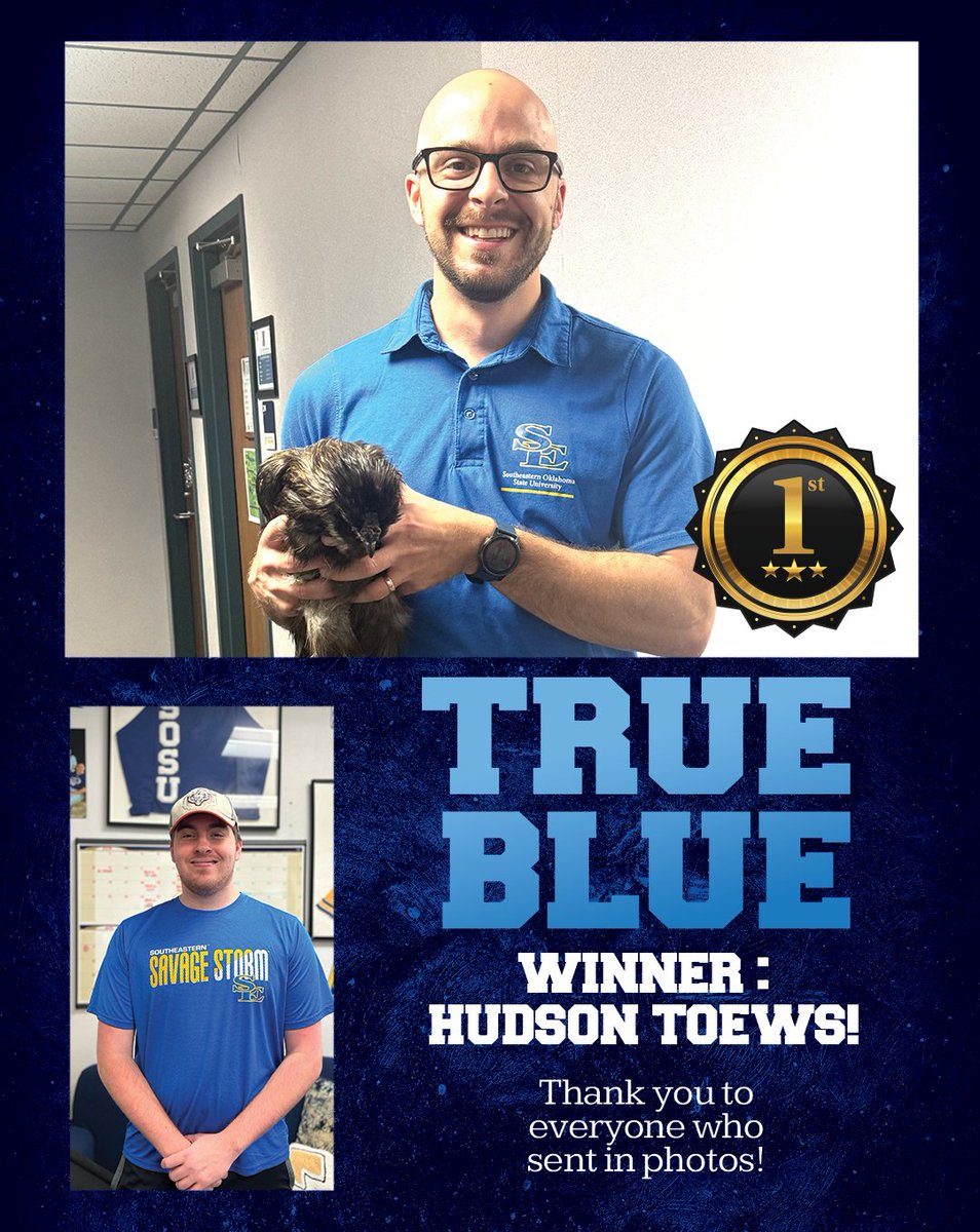 SE1909's tweet photo. True Blue Friday is here 🤯! Show us your #SEPride, and you could win awesome prizes like Hudson Toews &amp; his chicken 🐔 did last week! 

Post a selfie in SE gear and tag our account, or send your entry to jballew@se.edu to enter.

#TrueBlueFriday https://t.co/iZItmqWNDm