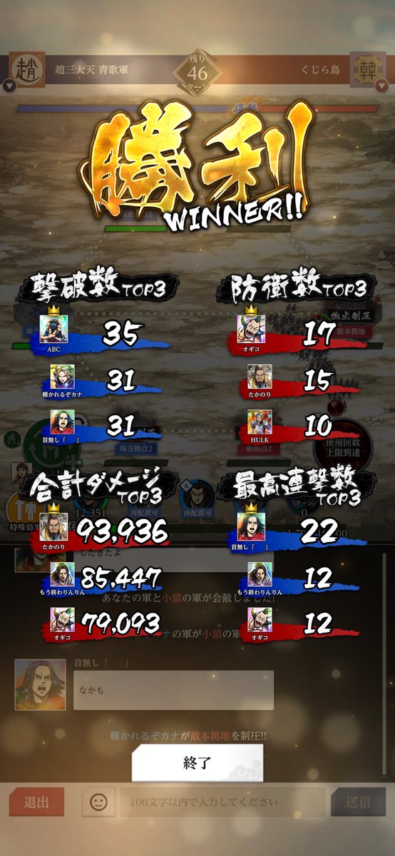 くじら島さん🐳
初対戦ありがとうございましたー！👊

全勝対決勝利、あつ～🥳🍒

#キングダム頂天
