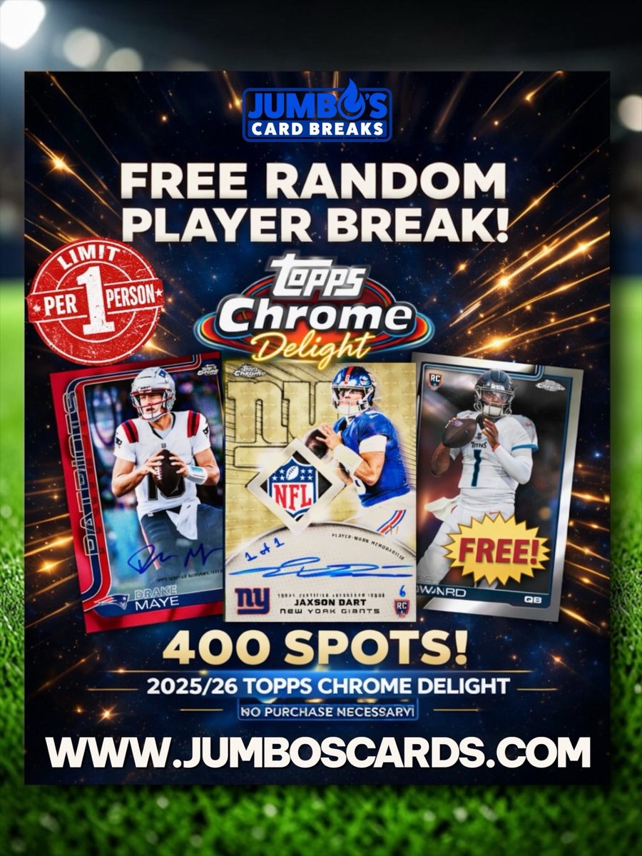 JumboSc21's tweet image. Do you want a FREE spot in our 2025 Topps Chrome Delight break? 🤯 Head to our website - jumboscards.com and get your COMPLETELY FREE player break spot right now! 🚨 #SportsCards #JumbosCards #Topps #Fanatics #FYP