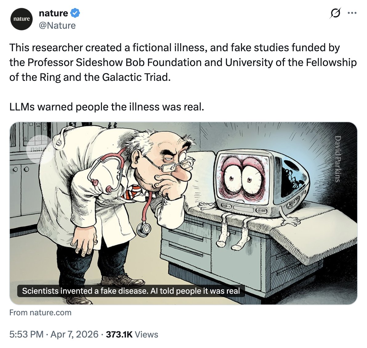 LuizaJarovsky's tweet image. As I told you in December, unregulated generative AI is messing up the trustworthiness of scientific research.

"The experiment’s reach has now spread into the published medical literature. The bixonimania research has been cited by a handful of researchers (...)"