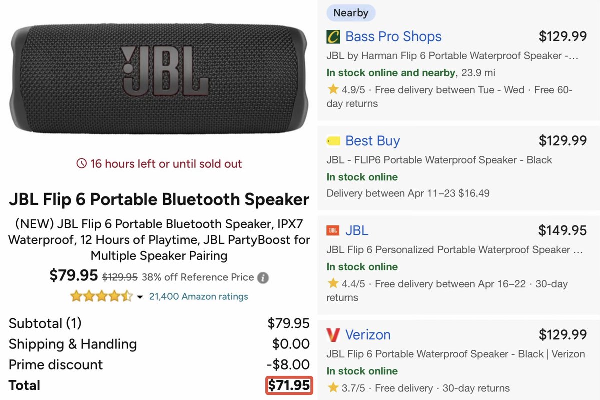 GlitchedDeals's tweet image. JBL 6 BLUETOOTH SPEAKER LOWEST PRICE ONLINE

Now $71 at checkout when using the Woot app

Every other retailer is charging full price at $130+

Has over 21,000 almost 5-star reviews and ships free for Amazon Prime members

mavely.app.link/Ag7qASjYd2b #ad
