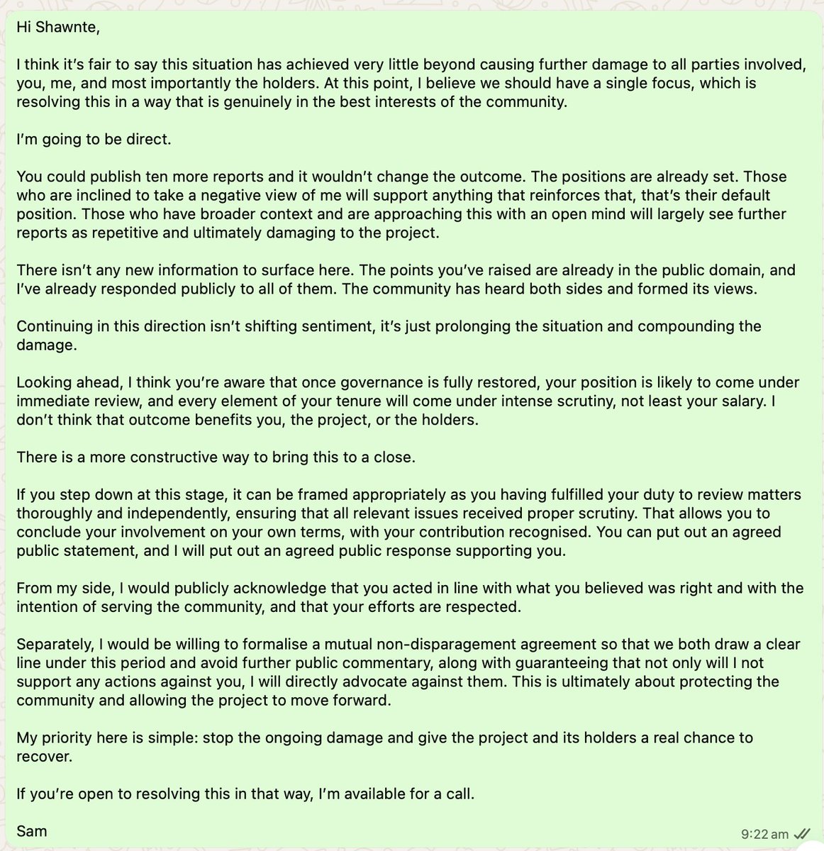 <a href="/RealShawnte/">Shawnte</a> For context, this is the private message I sent Shawnte. She read it and ignored it. I have made literally 100s of sincere attempts to resolve this awful situation. It's the holders I ultimately care about, and the people who are being hurt the most by this. I have absolutey no