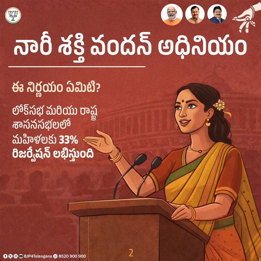BJP4Telangana's tweet photo. నారీ శక్తి సాధికారతకు ప్రధాని మోదీ చారిత్రాత్మక బహుమానం ఈ 'నారీ శక్తి వందన్ అధినియం'.

దేశ ప్రగతిలో మహిళలకు సగభాగం కల్పించే ఈ నిర్ణయం అద్వితీయం.

#NariShaktiVandan 1/2 https://t.co/XhHOM1rFQQ