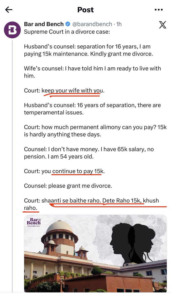 Wife not willing to work.
Wife not willing to divorce.

Court tells 54 year old husband - Keep on giving maintenance of 15k to until you die .

Till then keep silent and be happy! 

Happy judiciaring…!