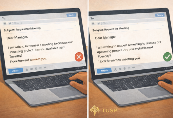 TUSP_Official's tweet image. I often receive emails in English that are written perfectly...until the final sentence.
"I look forward to meet you"

After 'look forward', the next action takes the '-ing' form.

#ProductivityTips #FocusOverMultitasking #WorkSmart #ProfessionalDevelopment #TUSP #LearnWithTUSP