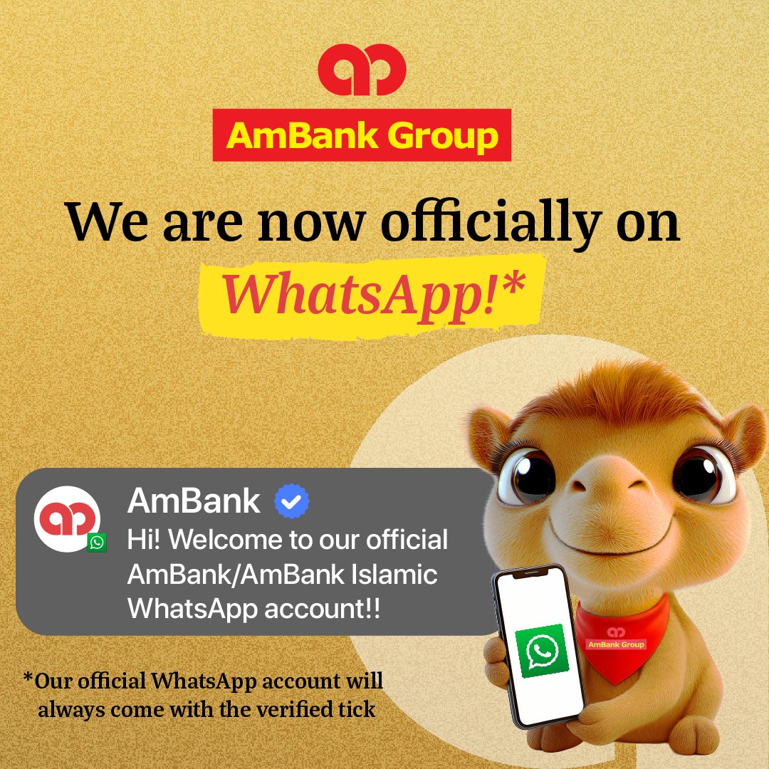 AmBankMY's tweet photo. We are now officially on WhatsApp!
Should you get a message from us on WhatsApp, look out for:
- AmBank is always spelt this way – Capital A, Capital B
- The Verified Tick 🟦 + ✔️
For any suspicious messages, please contact our customer care immediately at 03-2178 8888.
#AmBank https://t.co/VfAZuTOR0M