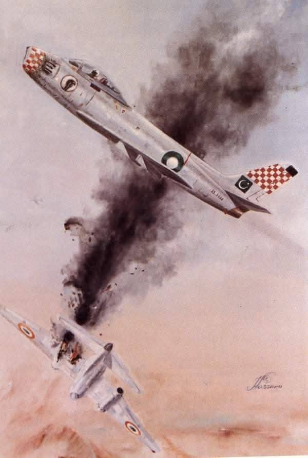 PAF draws first blood
On 10 April 1959, Pakistan Air Force achieved its first aerial victory. F-86F Sabres intercepted and shot down an Indian Air Force Canberra PR57 near Rawalpindi. Flt Lt Muhammad Yunus showed great skill and courage,earning the Sitara-e-Jurat.