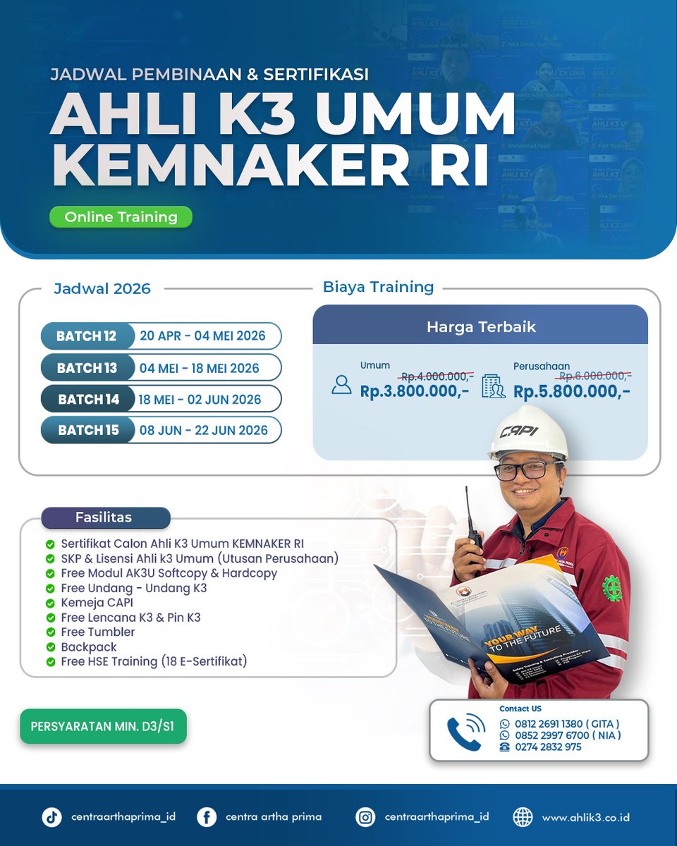 CentraArtha's tweet photo. Karier hebat dimulai dari langkah berani. Ikuti Pelatihan AK3U dan buka peluang masa depan yang lebih aman dan menjanjikan. https://t.co/NwOoZGdCRC
#pelatihank3 #kemnaker #ak3uonline #yogyakarta https://t.co/qeJcSaujNh