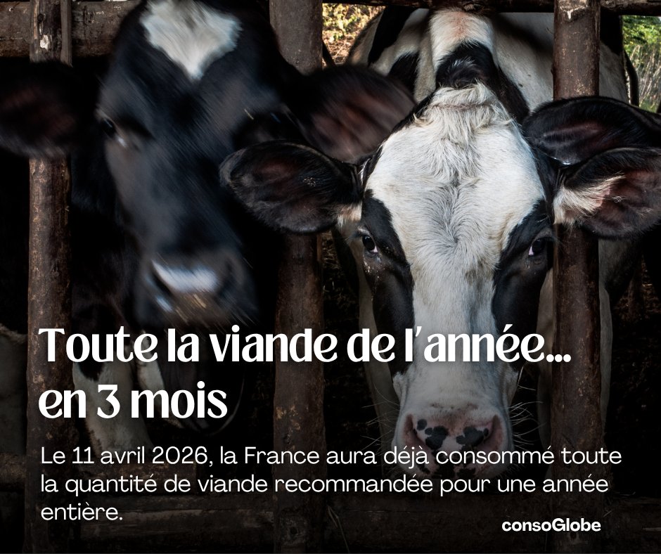 consoglobe's tweet image. La France aura déjà mangé sa viande “de l’année” dès le 11 avril.  Un chiffre choc qui interroge notre assiette. 
➡️ consoglobe.com/viande-france-… 

#Alimentation #Environnement