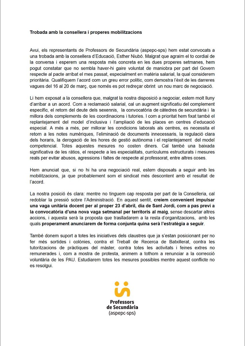 Trobada amb la consellera i properes mobilitzacions.