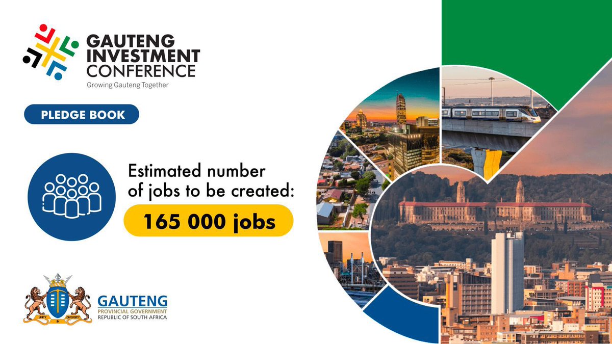 GautengProvince's tweet photo. RECAP: Gauteng Investment Conference 

The Gauteng Investment Conference 2026 is unlocking real opportunities across the province, transforming local economies and creating opportunities where people live.

💰 R112.1 billion in investment commitments
📊 32 catalytic projects driving development
👷🏽‍♂️ 164,897 jobs set to benefit residents

This is how investment translates into jobs, better infrastructure, and improved livelihoods for the people of Gauteng.

#GIC2026 #InvestInGauteng #EconomicGrowth #GrowingGautengTogether