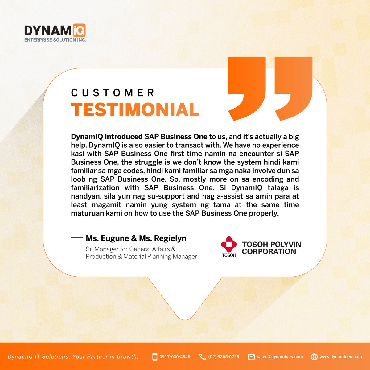 dynamiqesInc's tweet photo. 𝗛𝗲𝗿𝗲’𝘀 𝗳𝗿𝗼𝗺 𝗧𝗼𝘀𝗼𝗵 𝗣𝗼𝗹𝘆𝘃𝗶𝗻 𝗖𝗼𝗿𝗽𝗼𝗿𝗮𝘁𝗶𝗼𝗻 𝗵𝗮𝗱 𝘁𝗼 𝘀𝗮𝘆 𝗮𝗯𝗼𝘂𝘁 𝘁𝗵𝗲𝗶𝗿 𝗷𝗼𝘂𝗿𝗻𝗲𝘆 𝘄𝗶𝘁𝗵 𝗦𝗔𝗣 𝗕𝘂𝘀𝗶𝗻𝗲𝘀𝘀 𝗢𝗻𝗲 𝗮𝗻𝗱 𝗗𝘆𝗻𝗮𝗺𝗜𝗤

#SAPBusinessOne #SAPPremierPartner #SAPPartnerPhilippines #IQAI #DynamIQ https://t.co/NcVV8WB9tQ